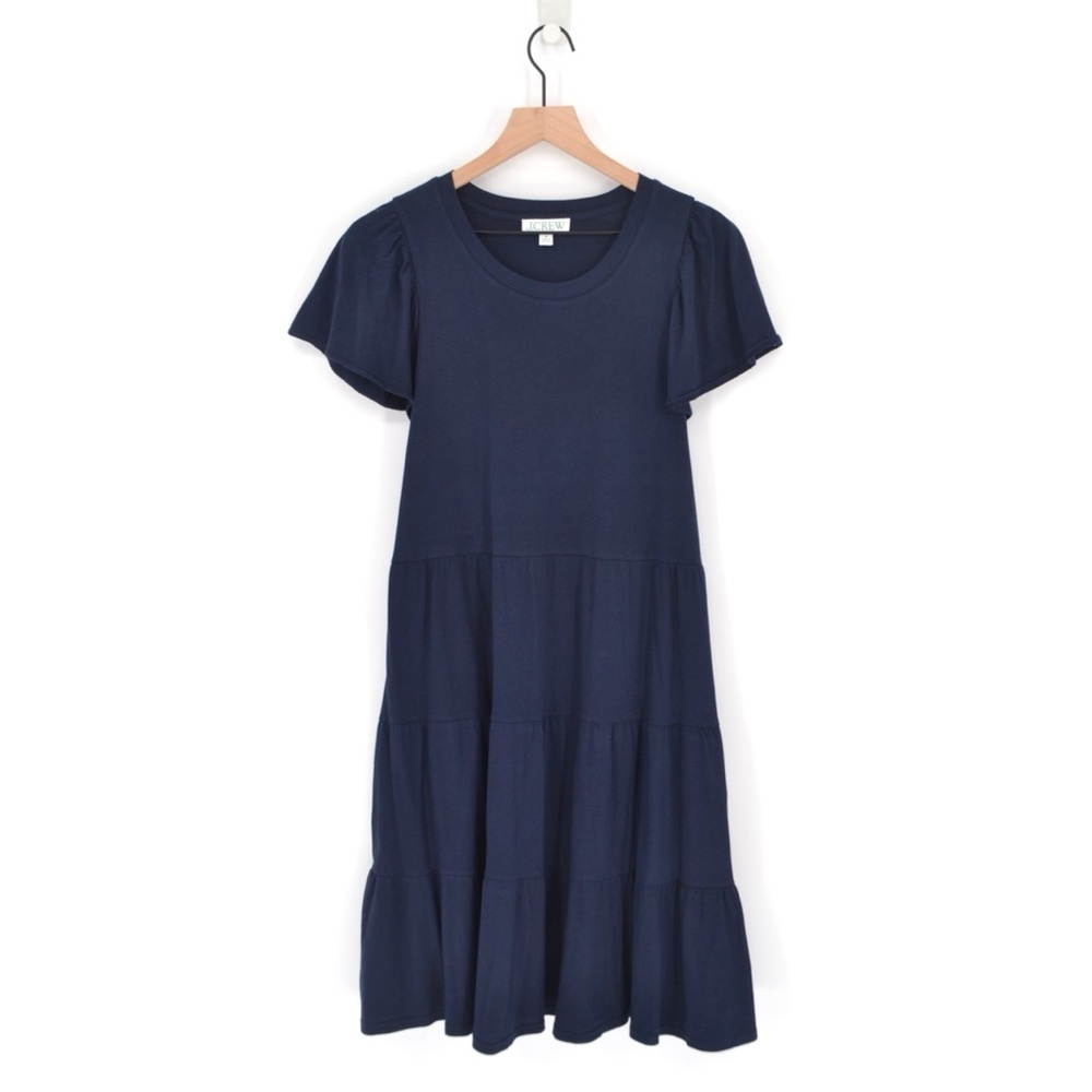 J. Crew Knit Broken In Jersey Tiered Mini Dress Flutter Short Sleeve Navy Blue M